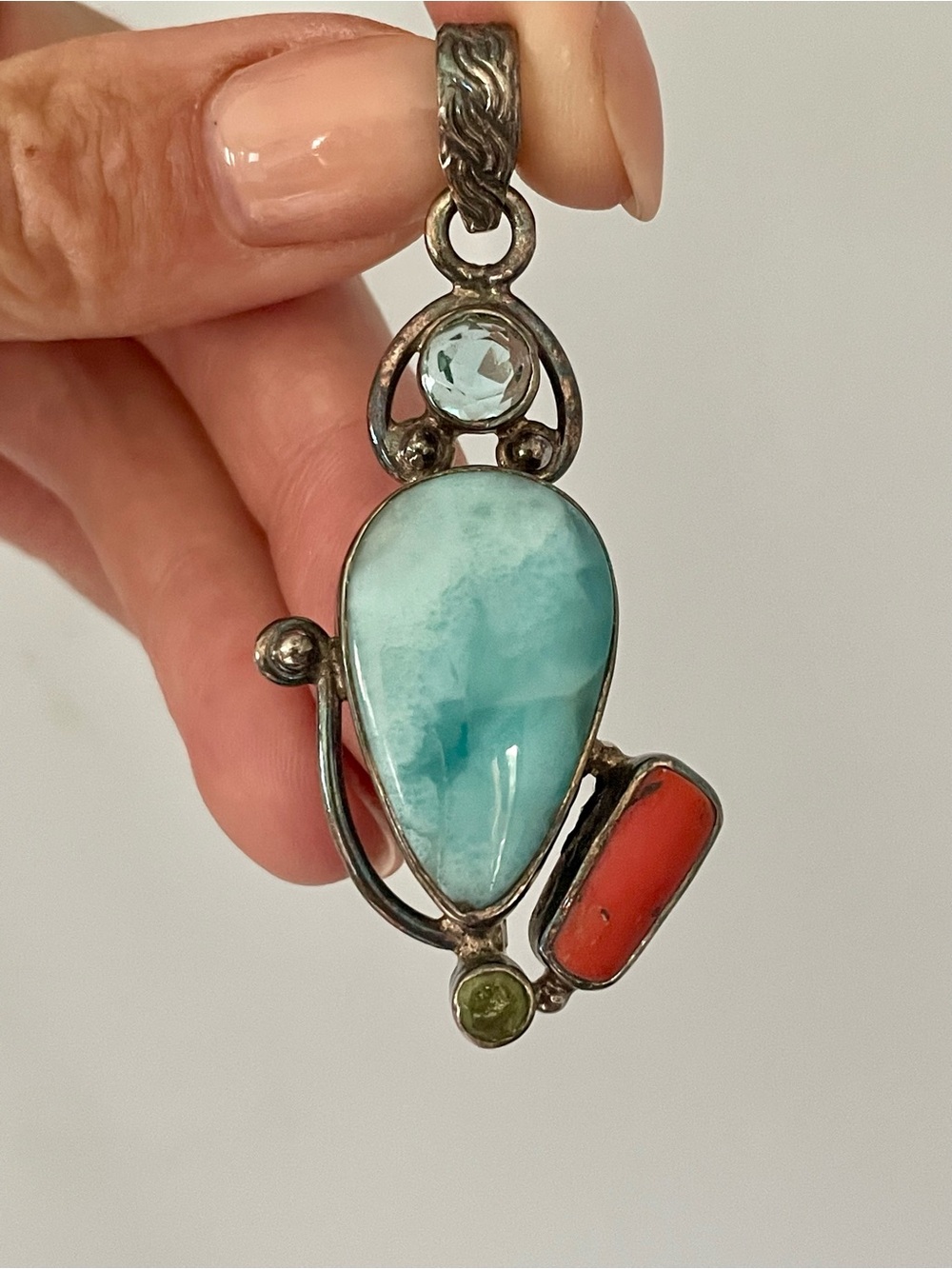 Sterling Silver Teardrop Pendant with Larimar, Blue Topaz, Peridot and Coral.